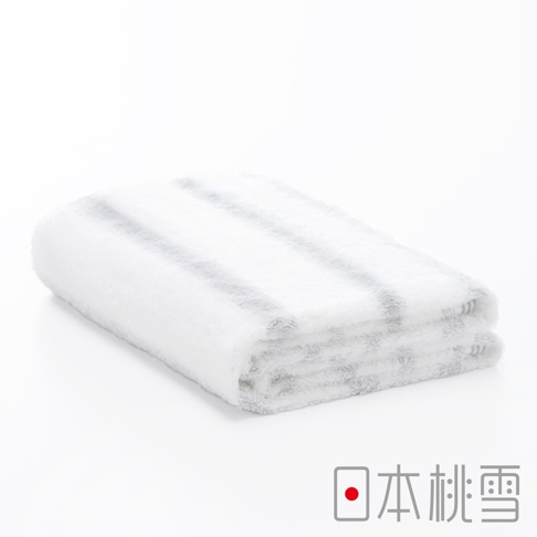 今治輕柔橫條浴巾，白色底布搭配灰色橫條紋，觸感柔軟，質料輕盈。
