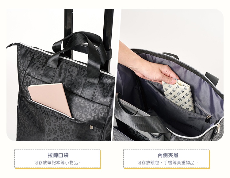這是一張關於COCORO印花保溫保冷購物車的產品細節展示圖，左圖展示了包體外部帶有拉鍊的前側口袋，適合存放筆記本等小型物品；右圖則展示了購物車內部設有夾層設計，方便收納錢包與手機等貴重物品。整體設計簡潔實用，方便日常採買使用。