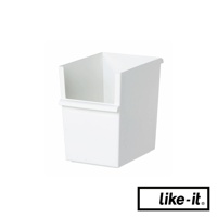 白色塑膠製高款窄型收納盒，側面有開放式開口，適合堆疊整理。