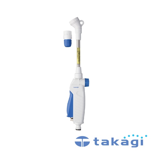 白色與藍色的 takagi 短灑水噴嘴，帶有可調節的灑水頭和連接件，整體為塑膠材質，設計符合人體工學，方便握持。
