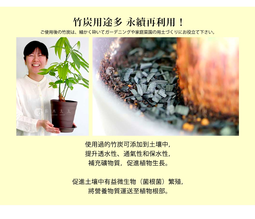    竹炭用途多    永續再利用！

使用過的竹炭可添加到土壤中，
提升透水性、通氣性和保水性，
補充礦物質，促進植物生長。

促進土壤中有益微生物（菌根菌）繁殖，
將營養物質運送至植物根部。

ご使用後の竹炭は、細かく砕いてガーデニングや家庭菜園の用土づくりにお役立て下さい。
