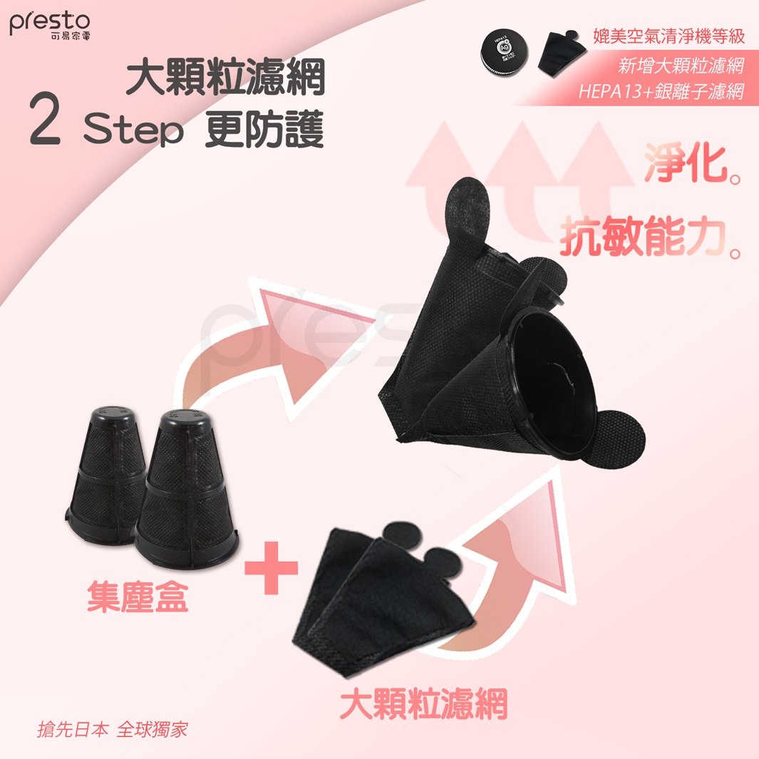 黑色濾網組，包含兩個錐形集塵盒和兩個濾網，以及一個較大的黑色濾網。