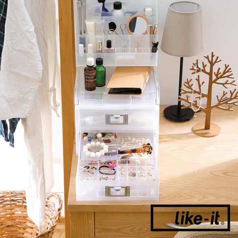 透明塑膠製成、可自由搭配的長版文件收納盒，共三層抽屜，最上層有分隔，收納化妝品、保養品、飾品等小物，抽屜皆有銀色金屬把手。