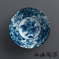 陶瓷粥碗，內壁飾有藍色手繪花鳥圖案，中心描繪石榴與葉子，外圍有竹子、花朵與飛鳥，碗口邊緣有細緻的金色鑲邊。