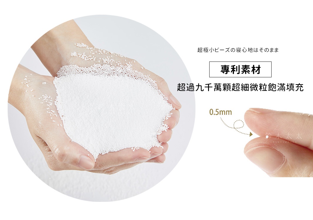 雙手捧著大量白色細小圓珠，部分細珠散落在手指上，右側特寫手指尖展示一顆 0.5mm 的細小白色顆粒。