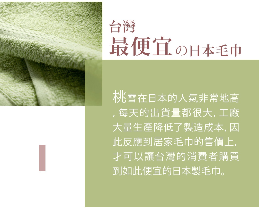 台灣
最便宜の毛巾
桃雪在日本的人氣非常地高，每天的出貨量都很大，
工廠大量生產降低了製造成本，因此反映到居家毛巾的售價上，
才可以讓台灣的消費者購買到如此便宜的日本製毛巾