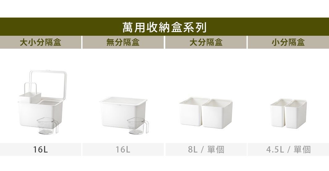 like-it 居家萬用分隔收納盒系列，包含附量杯及大小分隔盒的16L收納盒、無分隔的16L收納盒、8L大分隔收納盒，以及4.5L小分隔收納盒，展現簡約白色設計。