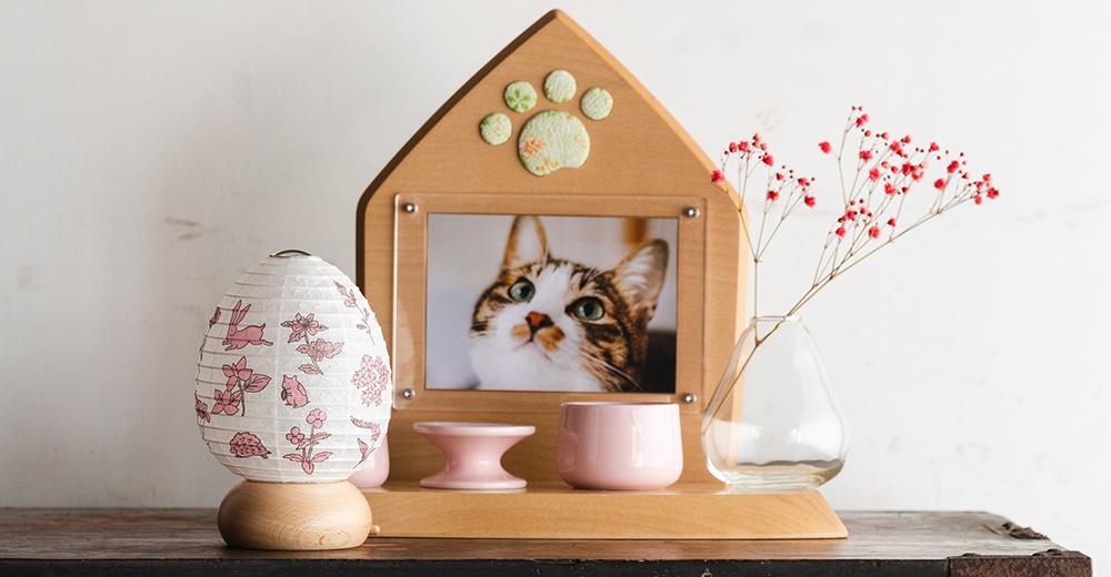 白底日式提燈，印有粉色兔子、花朵及貝殼圖案，底部為木質圓座。提燈旁為木製屋形相框，內有貓咪照片，相框上方裝飾有綠色肉球圖案。另有粉色小碗、粉色圓形底座，及裝有紅色小花的玻璃花瓶。