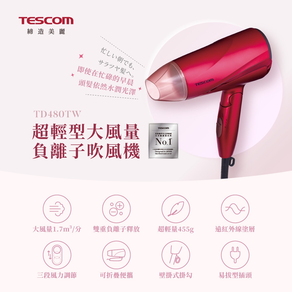 TD480TW 超輕量大風量負離子吹風機，具備 1.7m³/分 大風量、雙重負離子釋放、超輕量 455g、遠紅外線塗層、三段風力調節、可折疊便攜、壁掛式掛勾及易拔型插頭等特色。