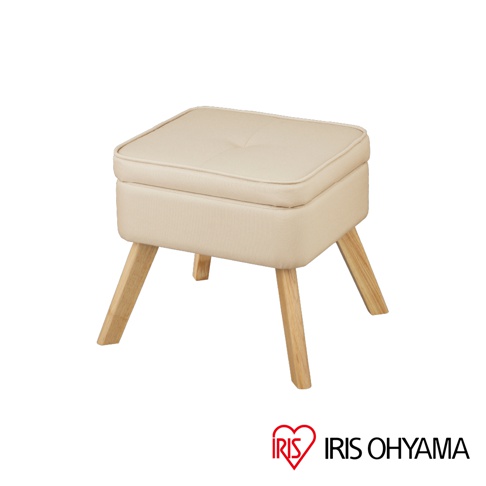 北歐風收納椅凳，米白色布面，帶有置物功能，四支木質椅腳，簡約設計。