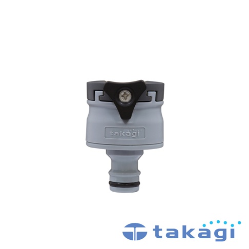 淺灰色塑膠水龍頭接頭，帶有黑色鎖定夾和銀色螺絲，接頭末端有黑色橡膠密封圈。