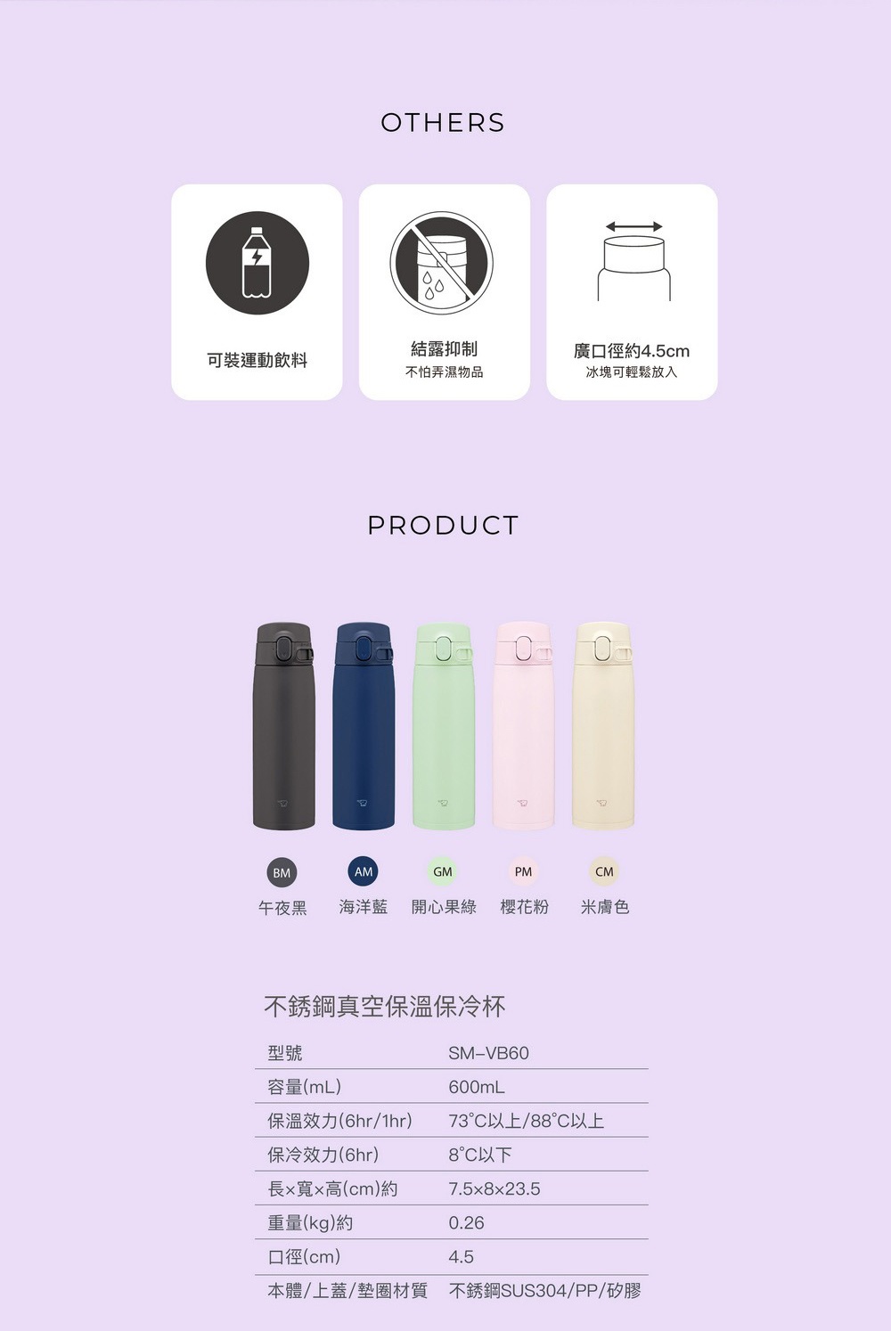 五款顏色（午夜黑、海洋藍、開心果綠、櫻花粉、米膚色）的0.6L不鏽鋼一體式中栓彈蓋式真空保溫保冷杯，特寫展示杯身與彈蓋設計，並提供產品規格資訊。
