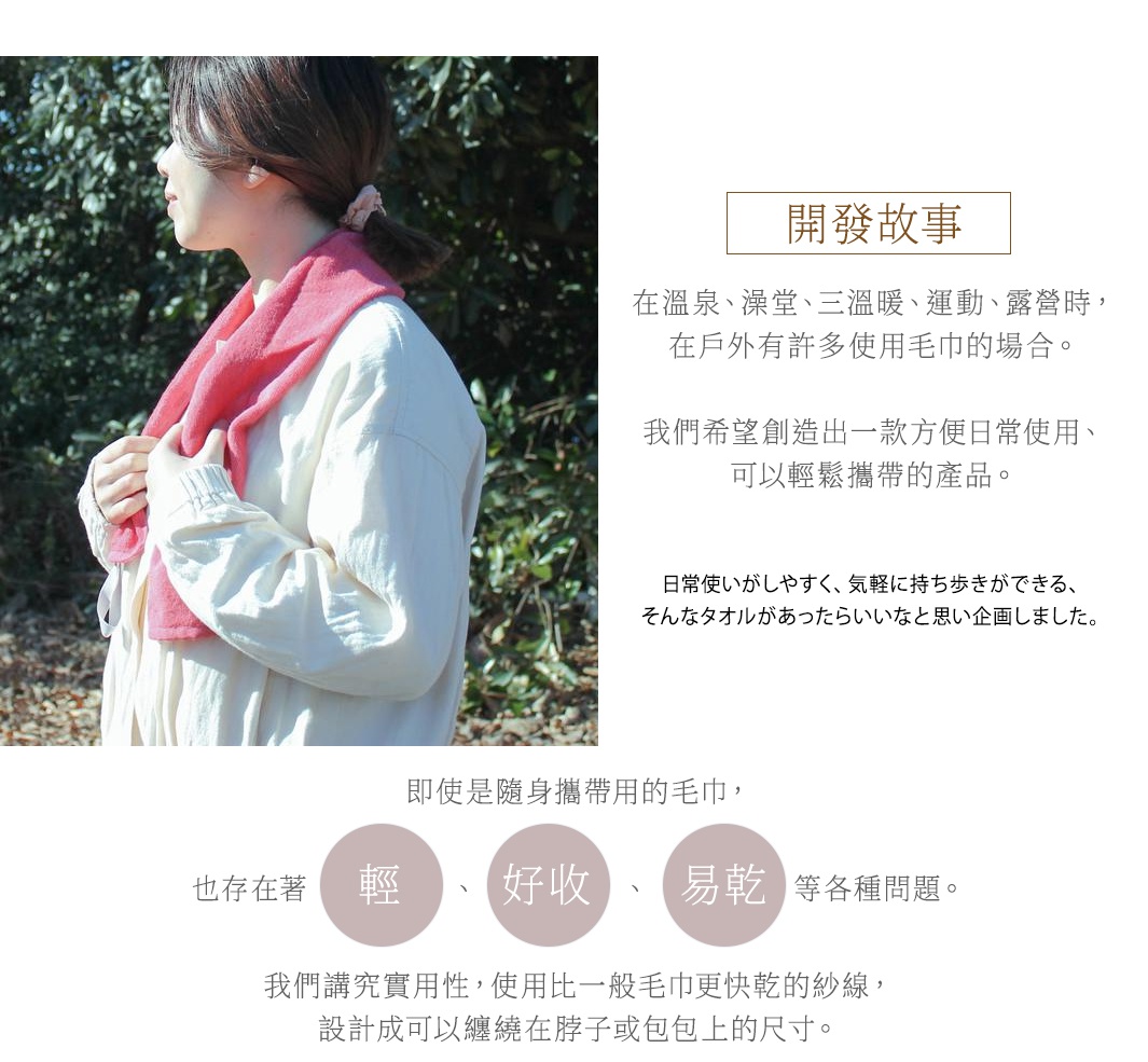 即使是隨身攜帶用的毛巾， 也存在著「重」、「佔空間」、「不易乾」等各種問題。 我們講究實用性，使用比一般毛巾更快乾的紗線， 設計成可以纏繞在脖子或包包上的尺寸。 側邊鬆緊帶可以將毛巾捲起收納， 使用後不會在包包裡散開， 而且鬆緊帶是縫在毛巾上的，不用擔心會遺失。 如果 soto 能成為大家出門時能夠輕鬆使用的好夥伴， 我們會感到非常榮幸。 開發故事 在溫泉、澡堂、三溫暖、運動、露營時， 在戶外有許多使用毛巾的場合。 我們希望創造出一款方便日常使用、 可以輕鬆攜帶的產品。