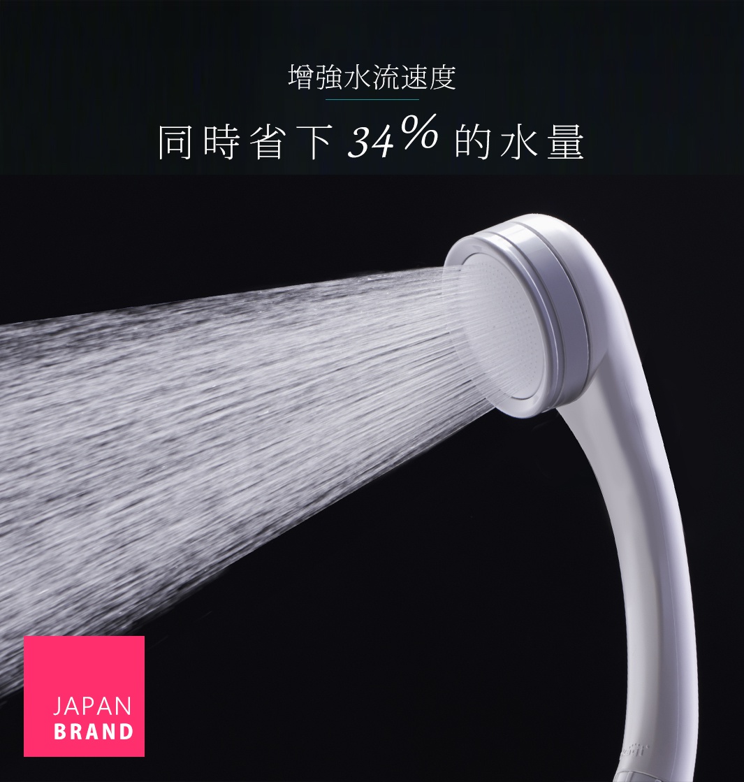 白色塑膠蓮蓬頭，從噴頭噴出強勁細密的水柱，背景為黑色。