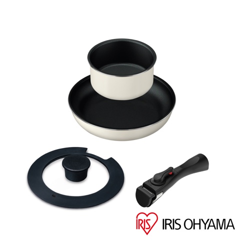 曜石黑鑽石塗層IH不沾鍋具4件組，包含一個湯鍋、一個平底鍋、一個鍋蓋和一個可拆卸把手。鍋具外層為米白色，內層為黑色不沾塗層。