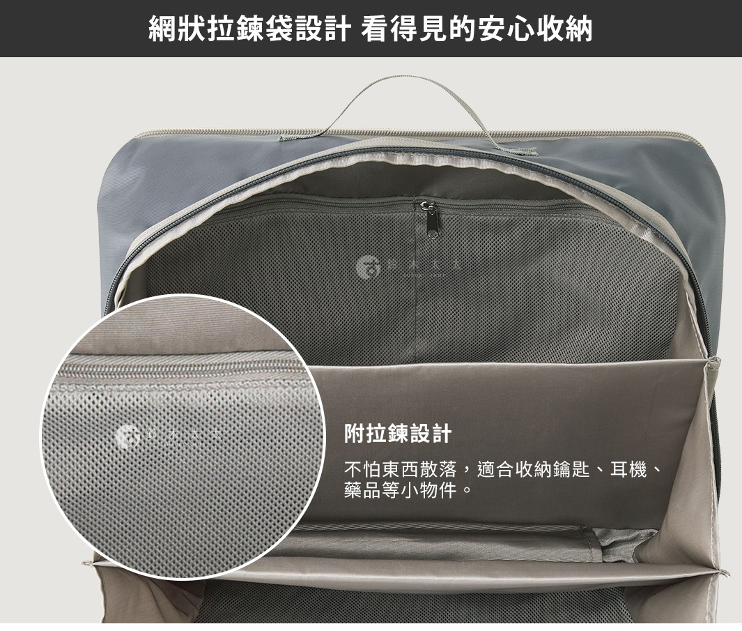 灰色尼龍材質的旅行收納袋，內部有網狀拉鍊夾層，可分類收納小物。