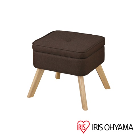 深棕色布藝收納椅凳，方形帶鈕扣坐墊，四隻淺木色斜角椅腳，北歐風格設計。