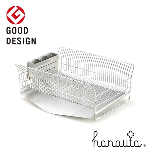 銀色不鏽鋼碗碟架，附有可拆卸的餐具收納盒和一個平坦的瀝水盤，整體設計簡潔，適合放置於檯面。