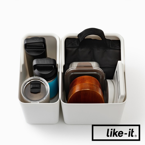like-it 標誌，展示兩個白色收納盒，左側收納盒內有三個保溫瓶，右側收納盒內有一個午餐盒和一個保溫瓶。