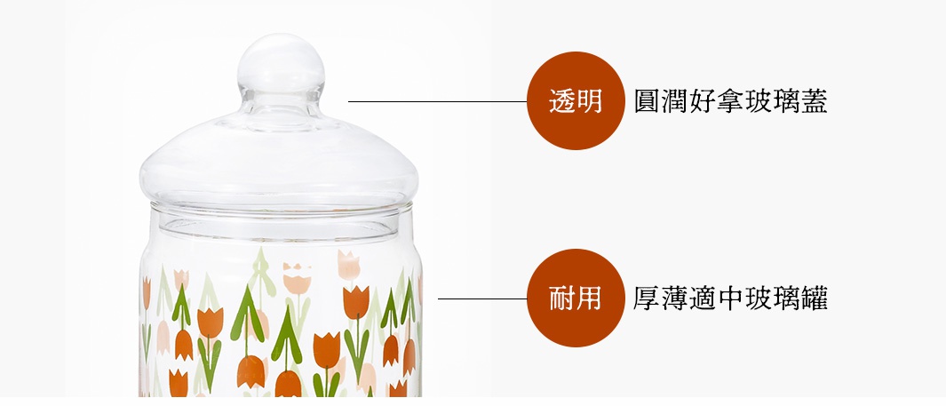昭和復古玻璃儲物罐，帶圓潤玻璃蓋，罐身印有橙色、淺粉色鬱金香與綠色葉子的圖案，材質為玻璃。