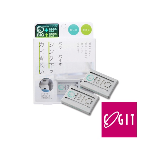 日製BIO長效除臭防霉貼片盒，內含六片淺灰色長方形貼片，每片貼片表面有鏤空的「BIO」字樣及可愛笑臉圖案，外盒為白色，印有日文說明及產品特色，搭配粉紅色OGIT Logo。