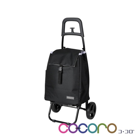 一款黑色簡約設計的 COCORO 摺疊購物車，具有黑色金屬支架、兩個靜音滾輪與可調節扣環的布面收納袋，底部印有品牌標誌。