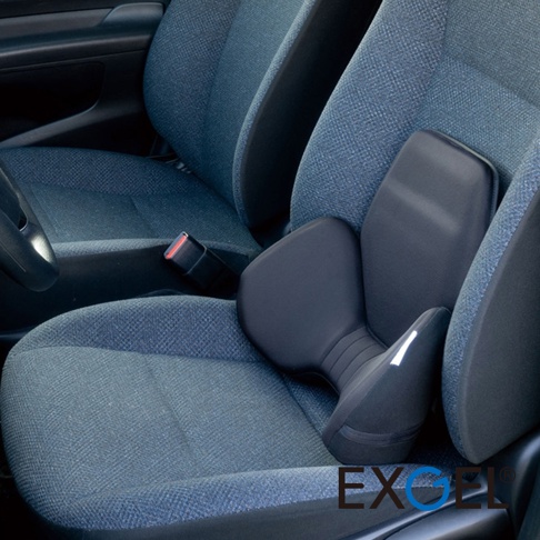 黑色汽車用背墊，採用符合人體工學的設計，提供腰部支撐，材質看起來是柔軟的記憶棉或泡棉，表面覆蓋織物。