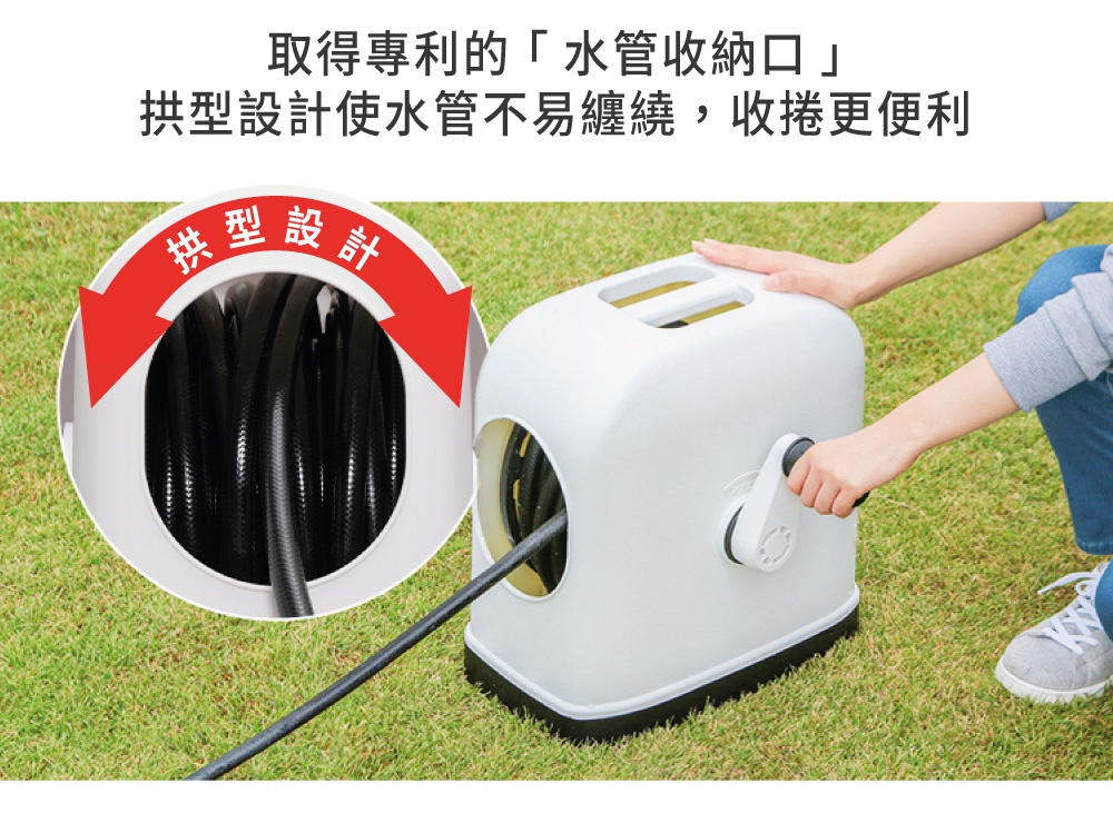 全覆蓋水管車 FH-HG-20M，白色塑膠外殼，配有可收納黑色水管的捲軸和手動轉柄。一側有圓形開口，顯示捲繞的黑色水管。