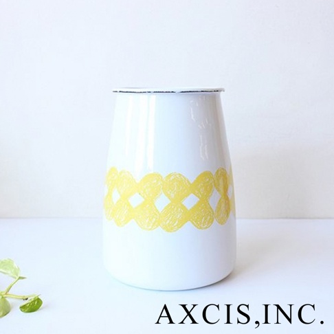 白色琺瑯收納筒，飾有黃色交織圓點圖案，筒身略呈錐形，頂部邊緣有黑色滾邊。