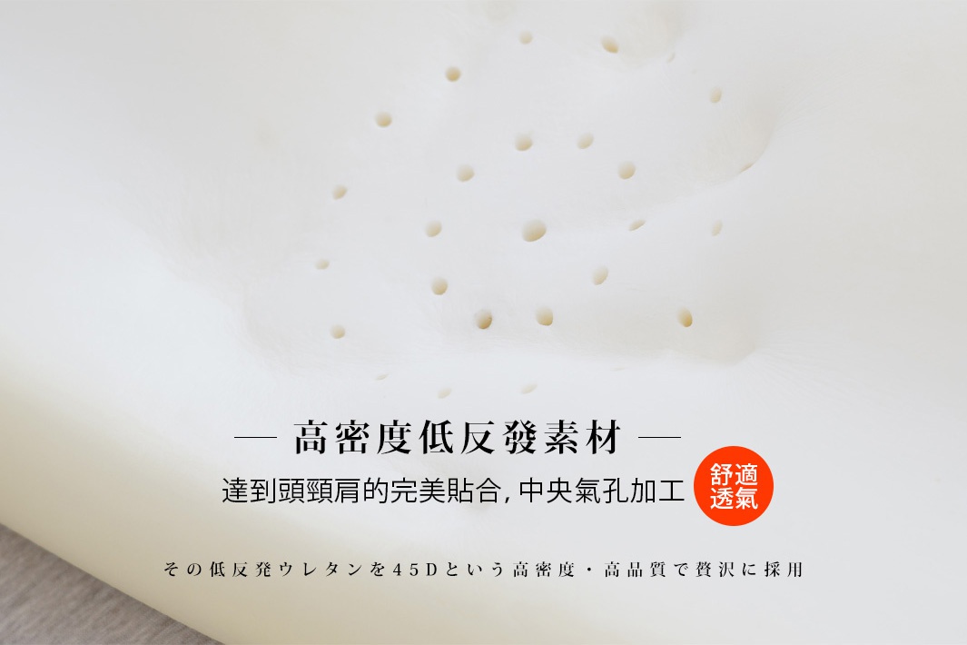 白色護頸止鼾枕，表面佈滿圓形透氣孔，材質為高密度記憶棉，呈現柔和的曲線，枕頭的中央區域有方形圖案和紅圓標示「舒適透氣」。