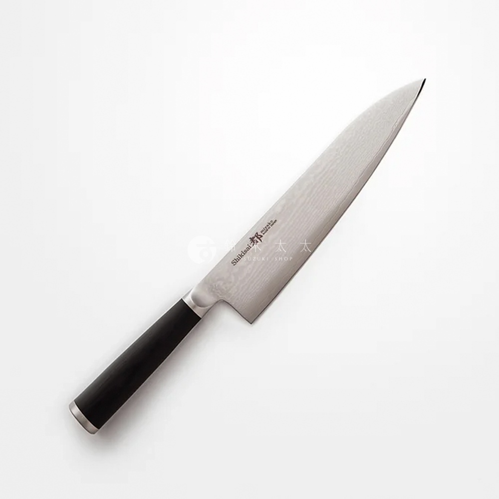 都 / Santoku knife 萬用刀18cm，刀刃為銀色 Damascus 花紋，刀柄為黑色。