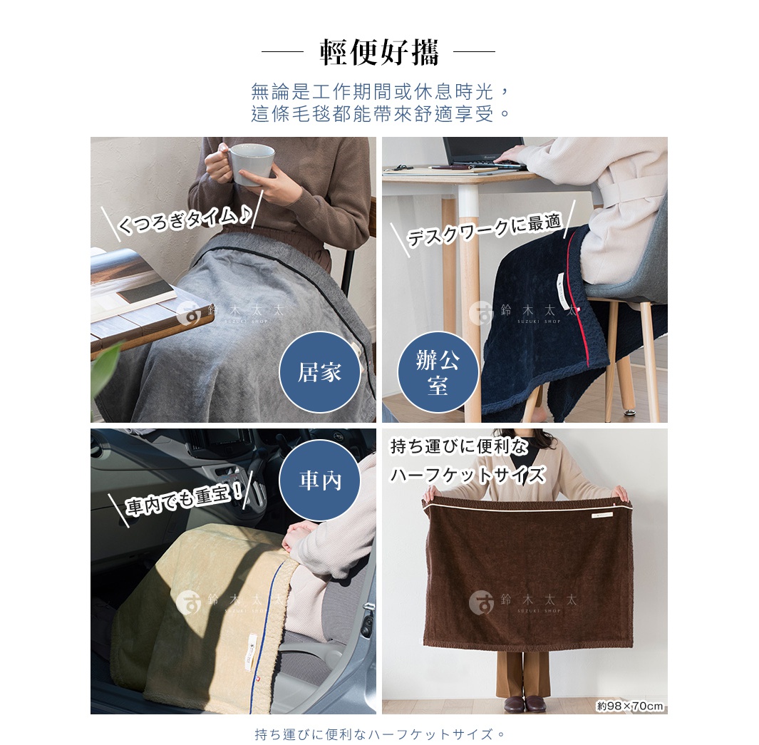 四張拼貼圖片展示了不同情境下使用膝蓋毯的場景：一人在家裹著灰色膝蓋毯，手持馬克杯；一人在辦公室使用深藍色膝蓋毯；一人在車內使用米色膝蓋毯；另一人展示棕色膝蓋毯，標示尺寸為約98x70公分。