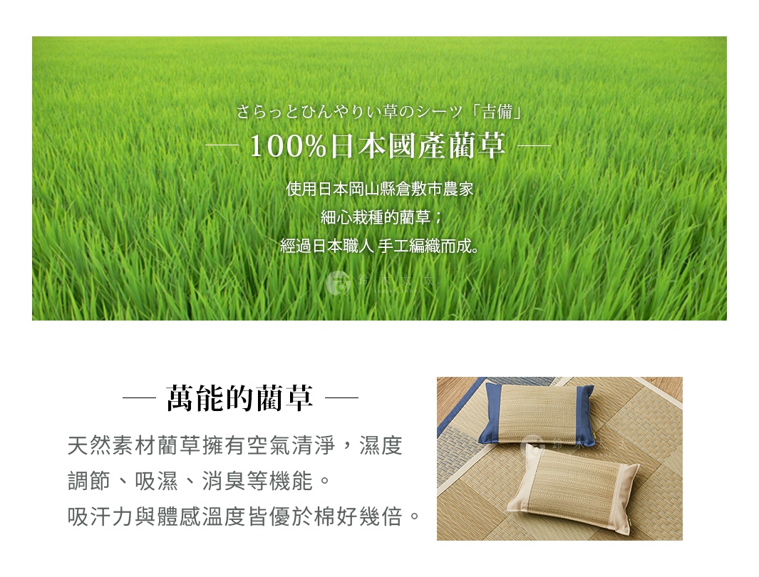 藺草調濕透氣舒眠枕，枕套為藺草編織，顏色有米白與深藍色飾邊。