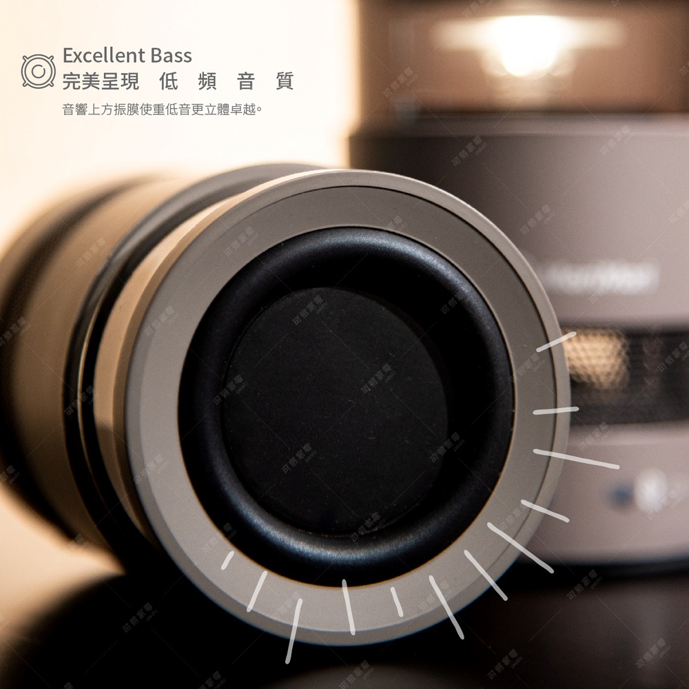 LED W Speaker 戶外無線藍牙氛圍燈音響，近拍呈現深灰色邊框搭配黑色喇叭單體，側面有白色線條裝飾。