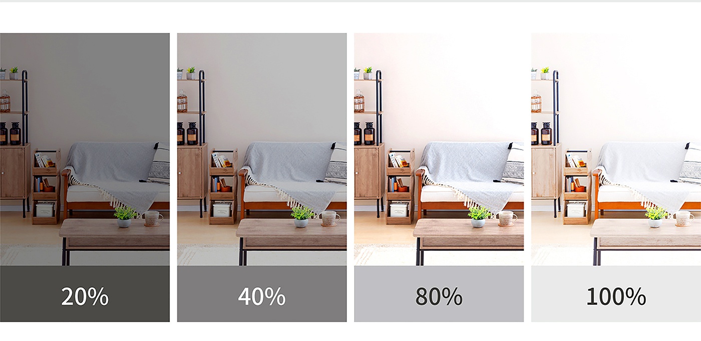 同一張圖片展示了四個不同亮度設置的客廳場景，分別標示為 20%、40%、80% 和 100% 的亮度。
