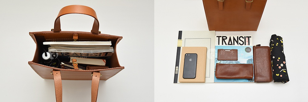 棕色皮革托特包，內部裝有雜誌、手機、錢包和鑰匙圈；包外擺放著雜誌、手機、棕色皮革長夾、卡夾和印花摺疊傘。