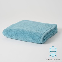 淺藍色長纖迷你浴巾，材質柔軟，邊緣縫線整齊，呈現蓬鬆質感。