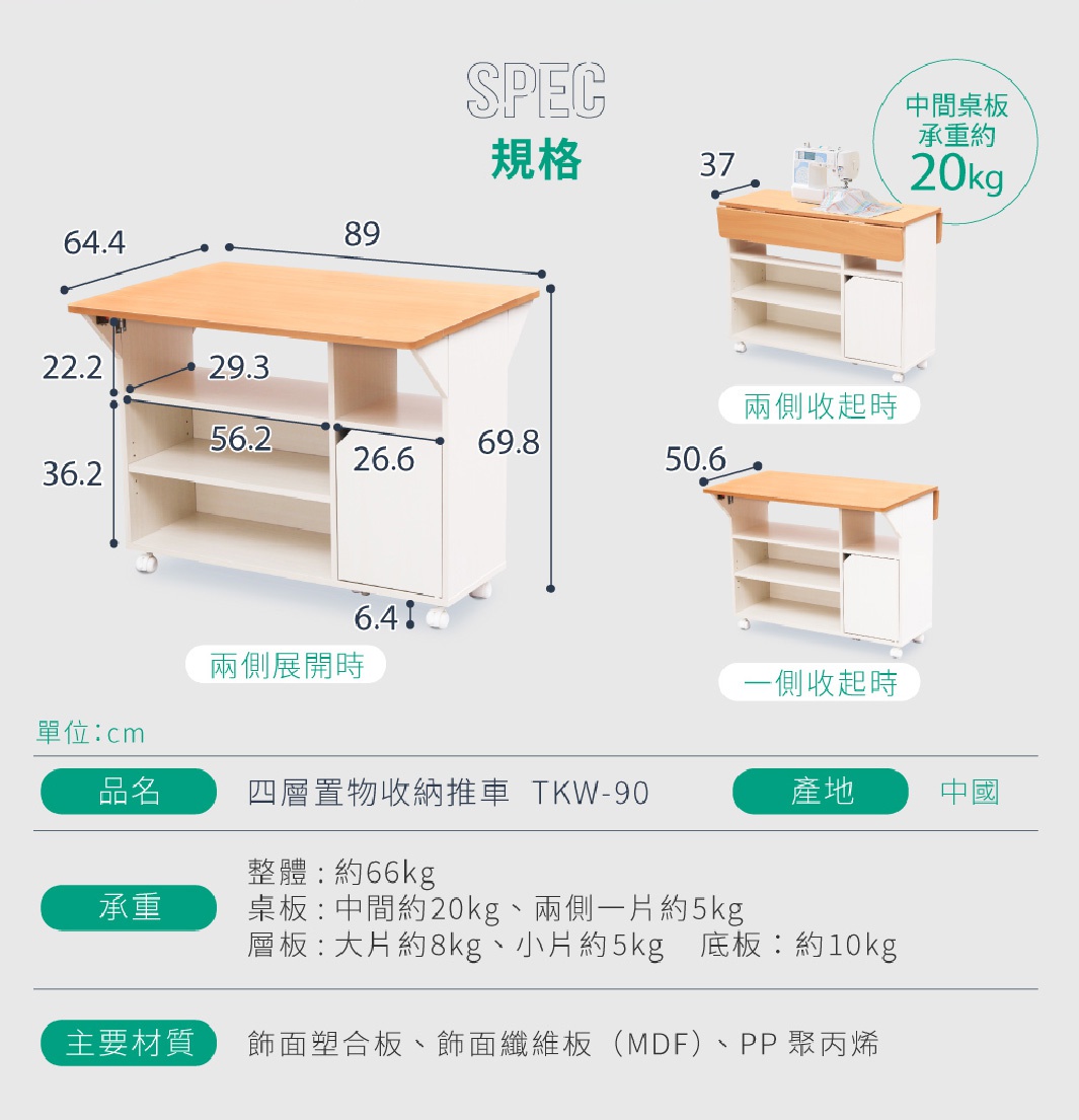 四層置物收納推車 TKW-90，主體為白色，桌面及部分隔板為淺木紋色。推車有兩側可展開，底部有輪子。圖片顯示了不同展開狀態下的尺寸規格及承重資訊。