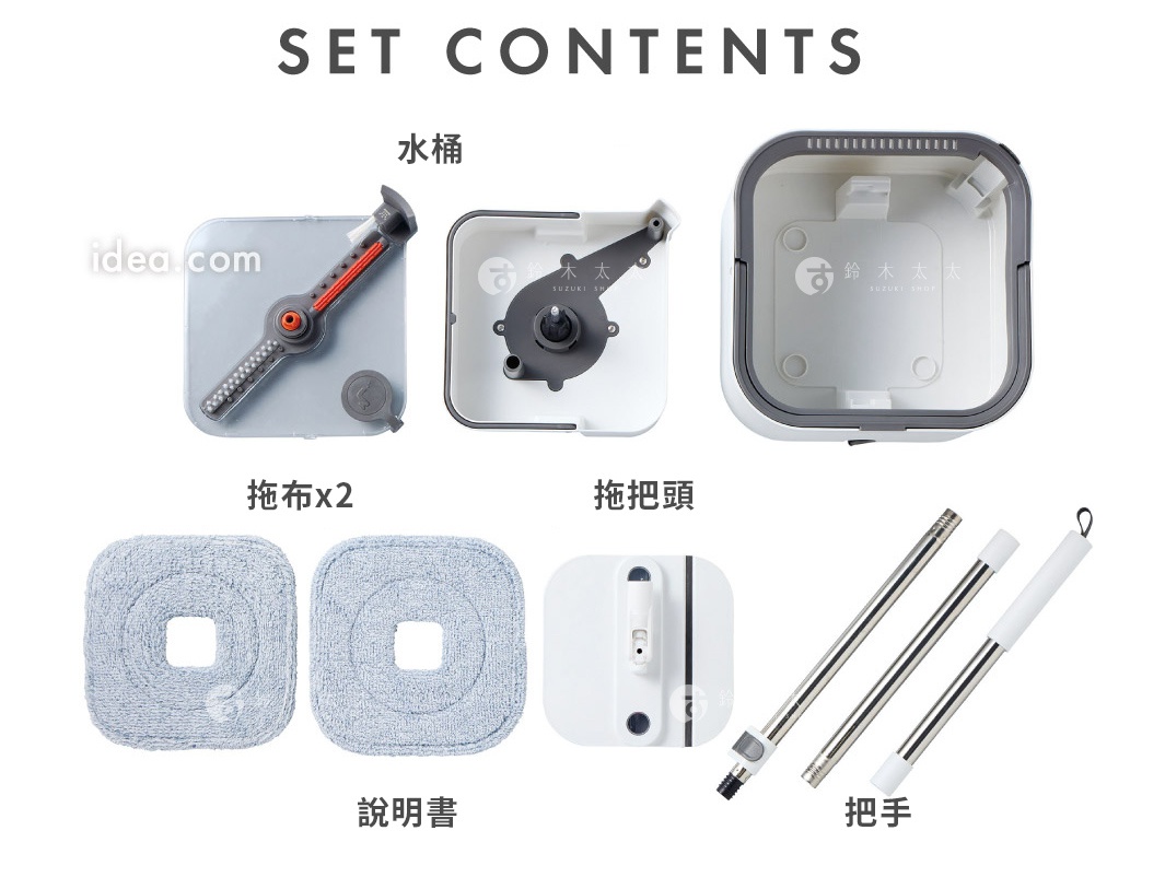 這是一張展示COGIT 360度旋轉汙水分離清潔拖把零件構成的俯視圖，圖片包含水桶組件、兩個藍色方形拖布、拖把頭與三段式拖把桿，下方標示了拖布、說明書與把手等配件名稱。