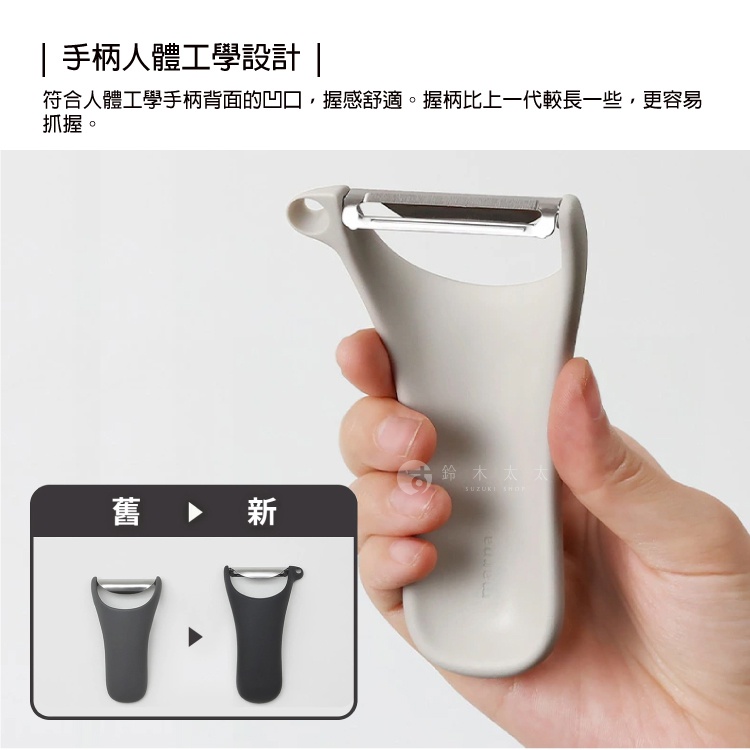 圖片文字：手柄人體工學設計，符合人體工學手柄背面的凹口，握感舒適。握柄比上一代較長一些，更容易抓握。圖中展示了一款灰色的 Marna 多功能削皮器，並透過舊款與新款的對照圖，說明新款手柄加長且符合人體工學的改進設計。