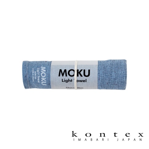 MOKU超速乾輕薄長毛巾，淺藍色，觸感柔軟，包裝有品牌標誌及尺寸資訊。
