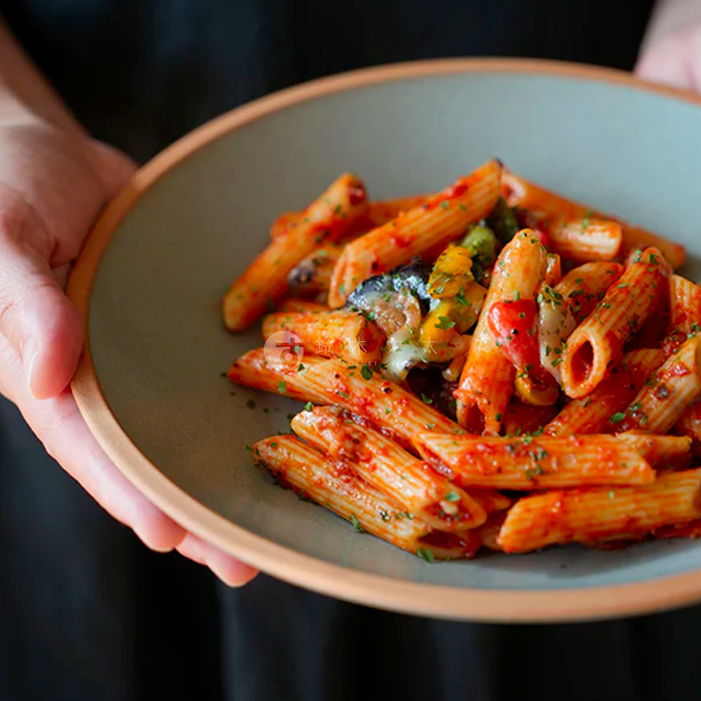 一盤義大利麵，筆管麵淋上番茄醬，搭配烤蔬菜，盛裝於灰綠色陶瓷義大利麵盤中，盤邊為原色陶瓷。