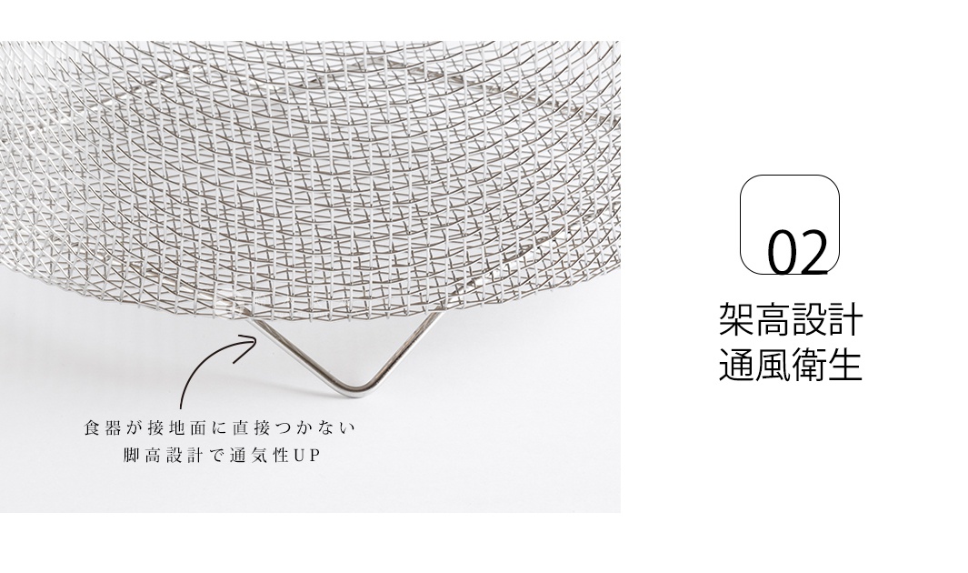 不鏽鋼圓形瀝水籃，網狀結構，設有三個金屬腳架，方便瀝水與通風。