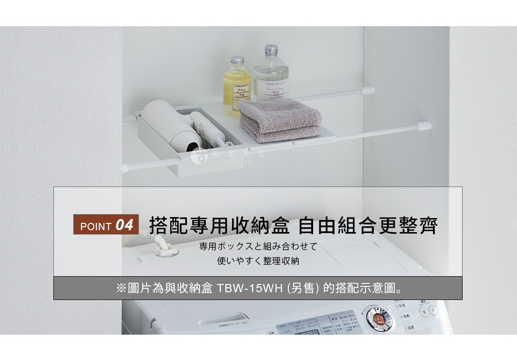 一張展示平安伸銅伸縮桿專用置物板的情境照，置物板安裝於洗衣機上方的凹槽空間，上方擺放了吹風機收納盒、毛巾與清潔用品瓶罐，圖片下方文字說明此為搭配專用收納盒 TBW-15WH 的使用示意圖。