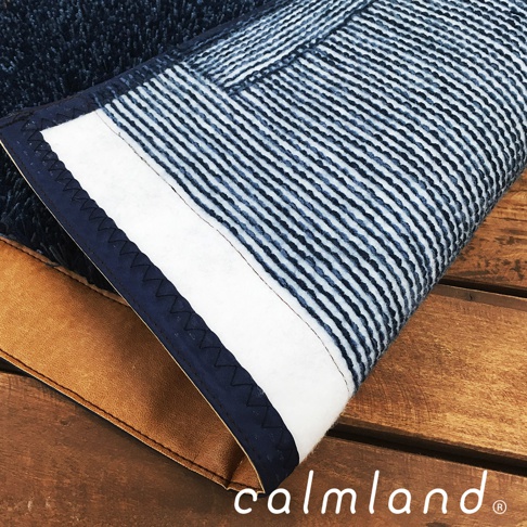 Ward Robe 天然防滑廚房地墊，深藍色織物表面，帶有藍白條紋圖案，材質柔軟，底部為棕色防滑層。