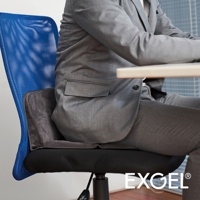 灰色布料製成的行動折疊腰靠坐墊，置於藍色網格椅背的椅子上，一位身穿灰色西裝的男子正坐在上面。