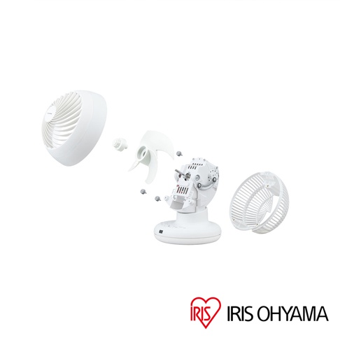 白色IRIS OHYAMA品牌DC空氣循環扇的拆解圖，展示了機器本體、葉片、前後網罩及固定零件的分離狀態，呈現出簡約的工業設計結構。