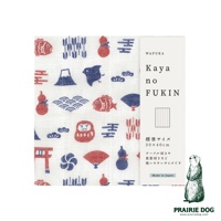 白色五層紗質地的擦拭巾，印有紅藍色圖案，包含富士山、達摩、魚、扇子、葫蘆、鳥居等傳統日式圖案。