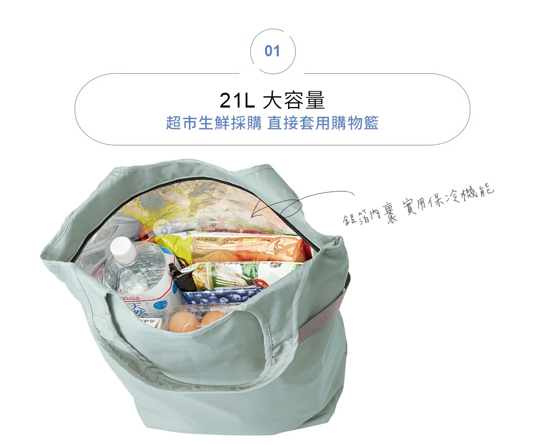 淺藍色摺疊托特袋，內含水瓶、雞蛋、蔬菜與食品包裝。袋子開口處可見銀色內襯，強調其保冷功能。