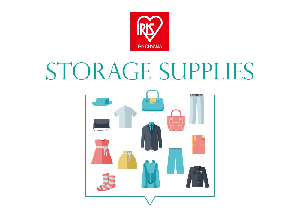 IRIS OHYAMA 儲物用品，圖中有各式衣物配件，包含帽子、包包、外套、褲子、裙子、洋裝、書本和襪子。